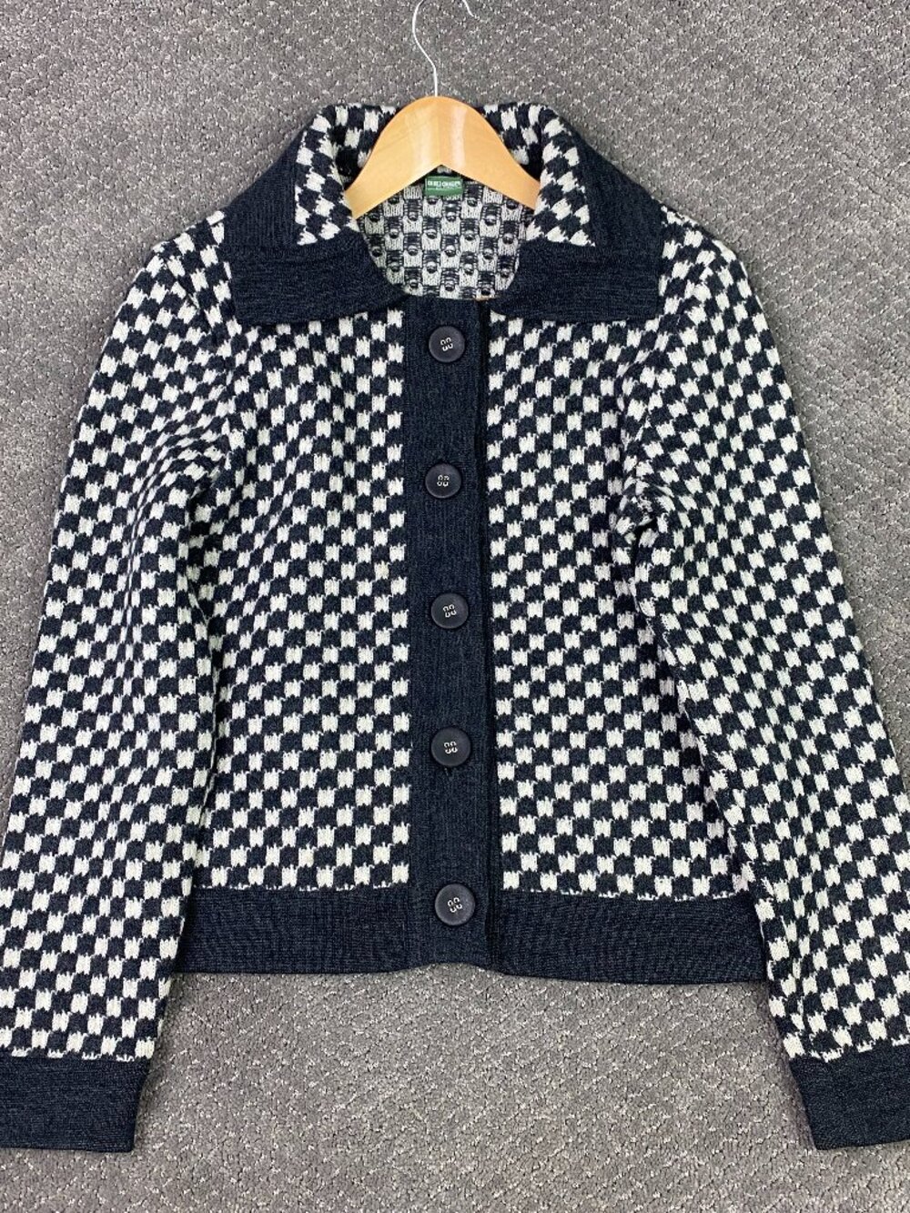 Vintage Geiger Houndstooth Wool Cardigan Sweater Womens 38 EU 6-8 US Gray White